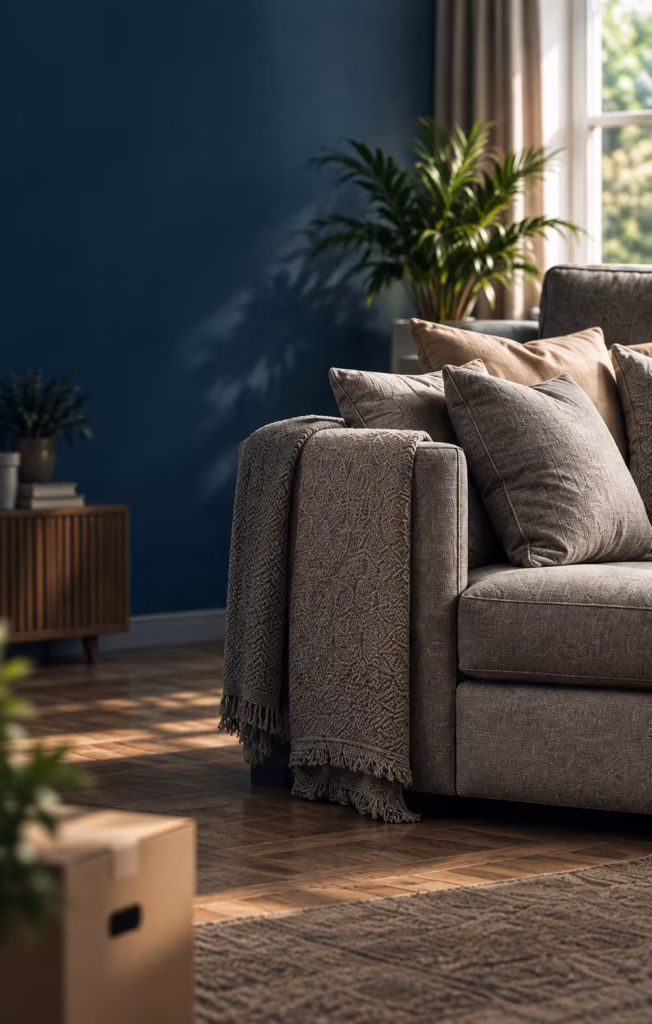 Szara sofa z kocem i poduszkami w pokoju – wywóz mebli pokojowych w Gdańsku