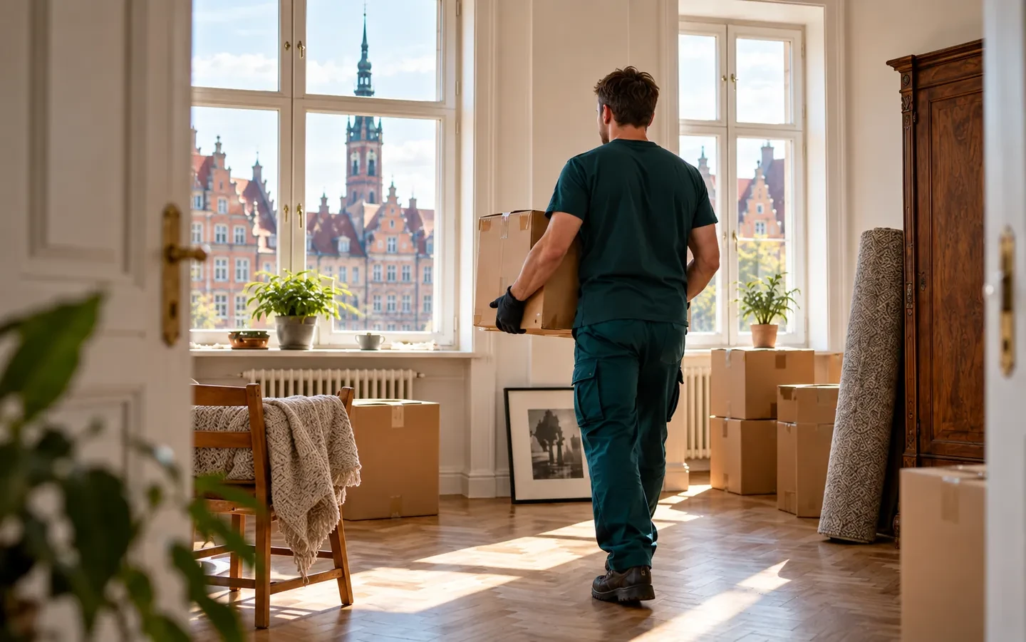Pracownik wynosi karton z opróżnianego mieszkania w Gdańsku