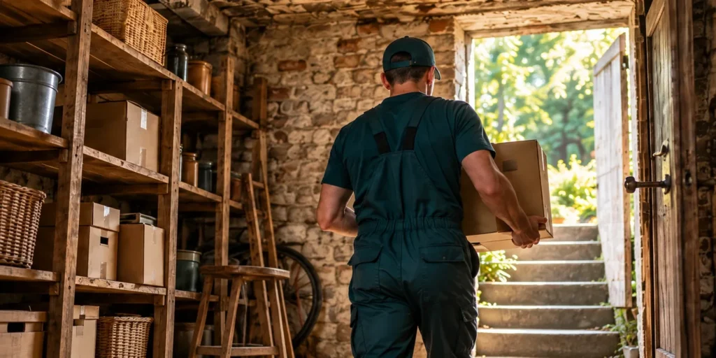 Pracownik wynosi karton z piwnicy po schodach na zewnątrz